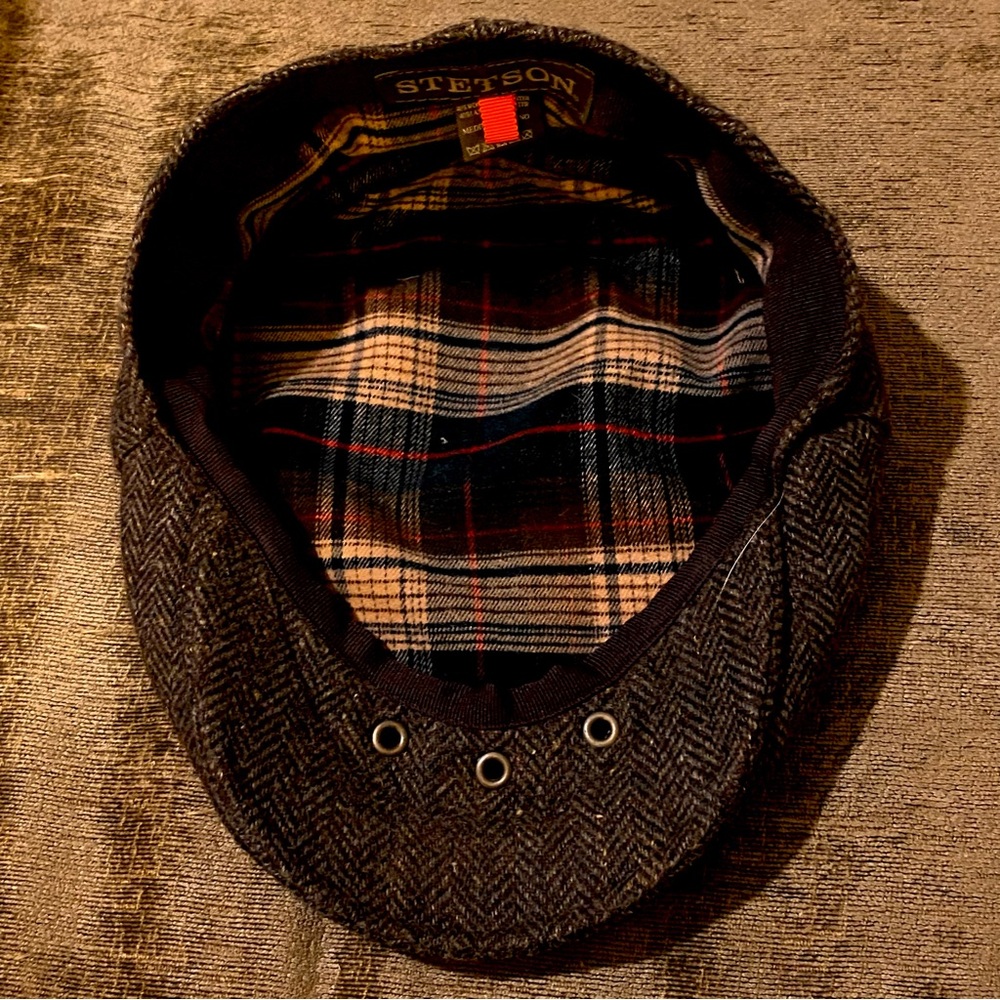 STETSON Wool Blend Brown Herringbone Flat Top Newsboy Cap - MD